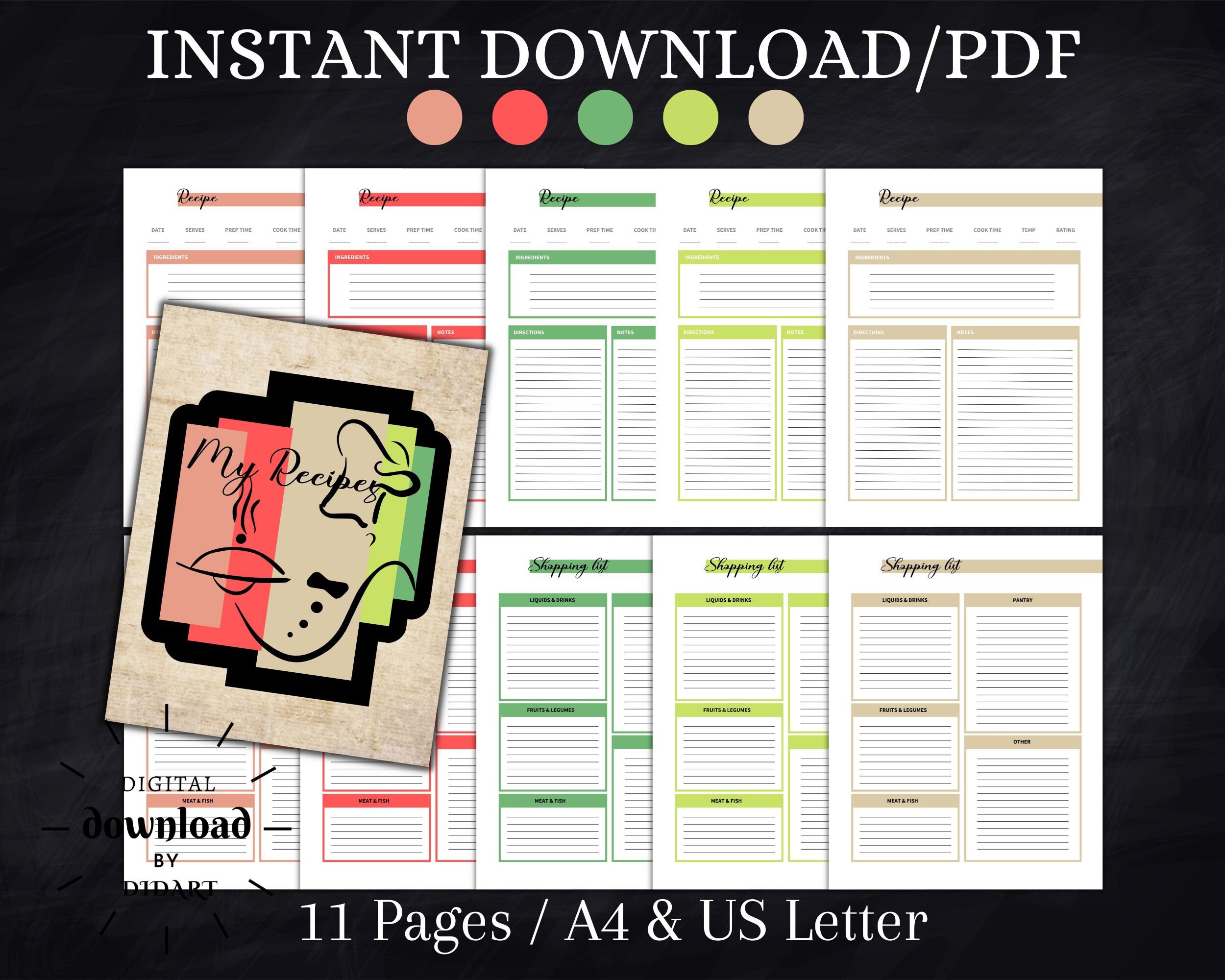 Recipe Pages and Shopping List Templates, Printable PDF Recipe Sheet, Size A4, A5 and US Letter ...