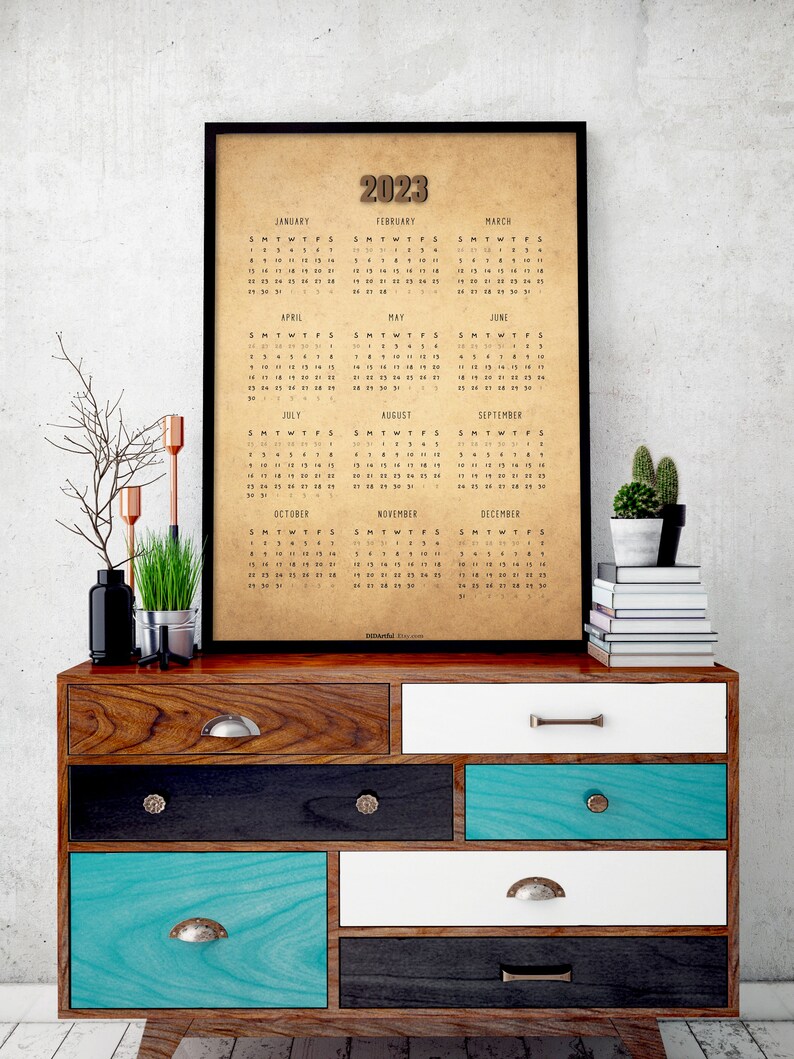2023 Calendar Printable Vintage Paper Yearly Wall Calendar Etsy