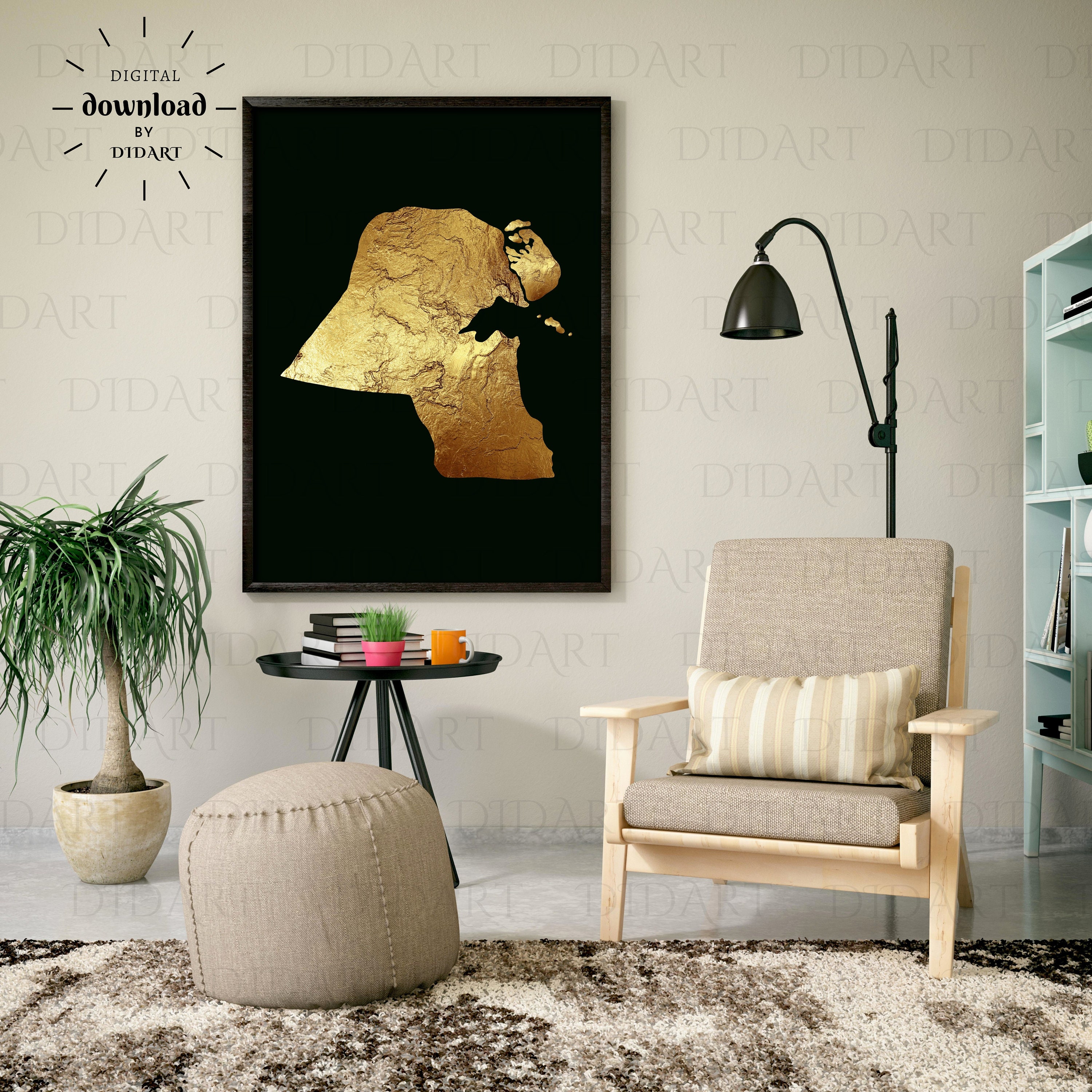 Kuwait Map, Kuwait Country Map, Golden Art Print Illustration, Kuwait