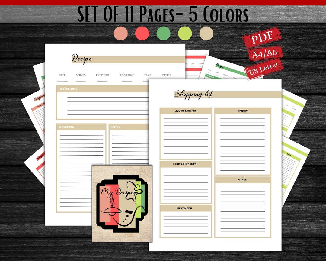 Recipe Pages and Shopping List Templates, Printable PDF Recipe Sheet, Size A4, A5 and US Letter ...