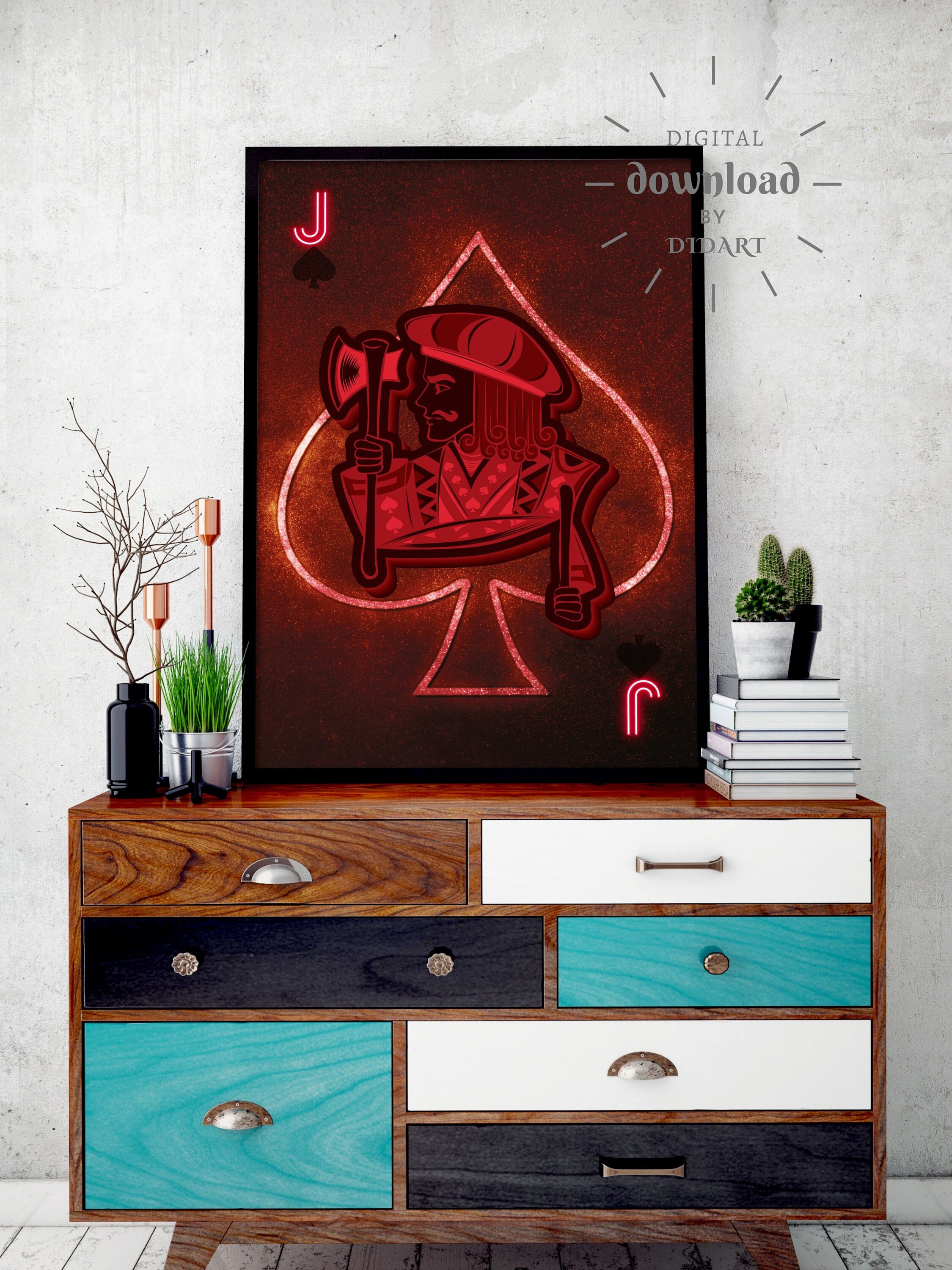 JACK of Spades Playing Card Art Print Decor, Black & Red, Gaming Room ...