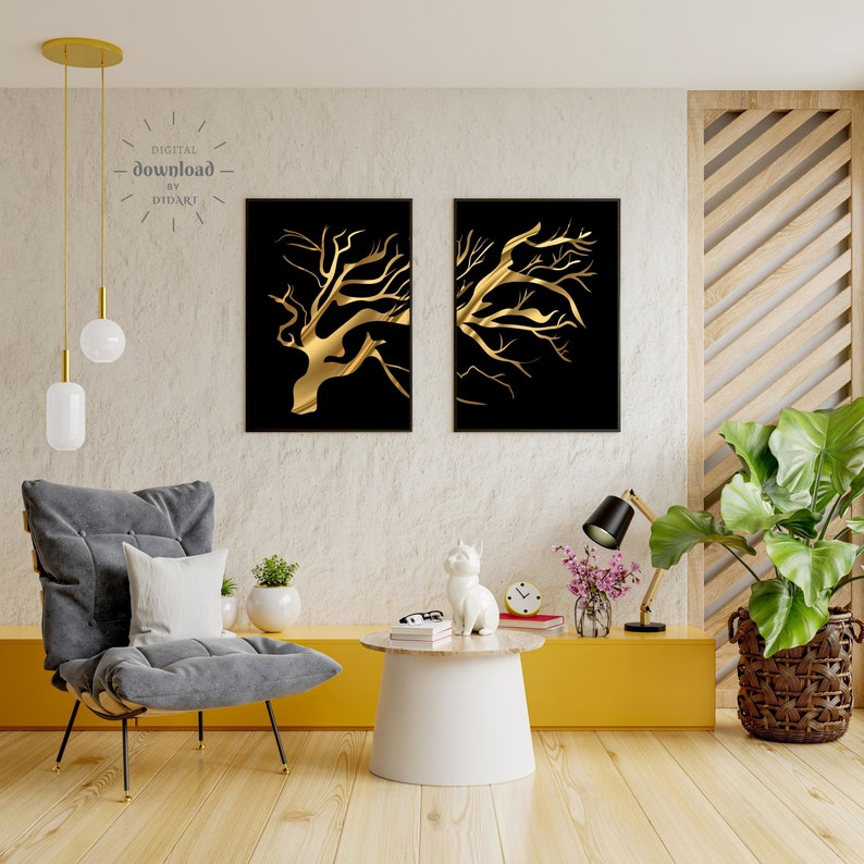 Split Gold Tree Wall Art Set of 2 High Quality Modern Etsy