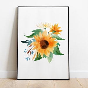May include: A watercolor painting of a sunflower bouquet with yellow petals, brown centers, and green leaves. The bouquet also includes white and yellow flowers with green leaves.