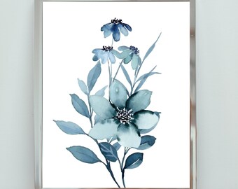 Watercolor Blue Flowers Printable, Artwork, Digital Download
