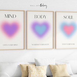 Mind Body Soul Print, Calming Spiritual Wall Art & Energy Aura Poster, Trendy 3 Piece Wall Art, Gradient Aura Art Prints for Apartment Decor