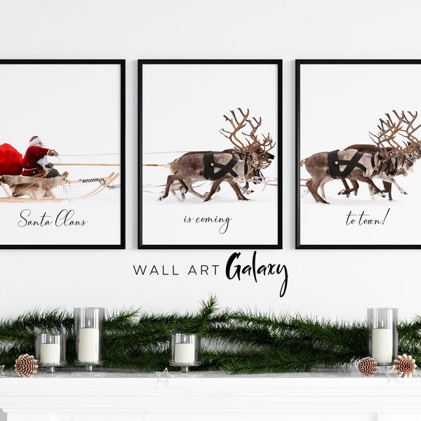 Santa Sleigh Gallery Wall Set, Santa Claus Reindeer Poster, Santa Art, Santa Sign, Christmas Wall Art, Christmas Wall Decor,Christmas Prints