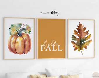 Hello Fall Decor, Pumpkin Painting & Fall Decor Leaves Set of 3 Prints, Autumn Decor, Fall Wall Decor, Fall Decor, Fall PRINTABLE WALL ART