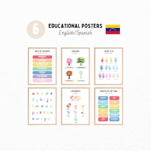 Set of 6 Bundle Educational Bilingual Spanish English Poster Prints for Kids and Toddlers, Spanish Homeschool or Daycare Prints