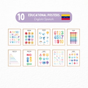 Set of 10 Bundle Educational Bilingual Spanish English Poster Prints for Kids and Toddlers, Spanish Homeschool or Daycare Prints