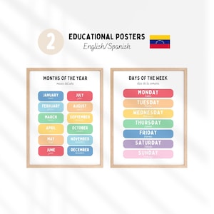 Conjunto de 2 pôsteres bilíngues em inglês/espanhol com dias da semana e meses do ano, arte de parede para impressão em arco-íris para creche ou pré-escola