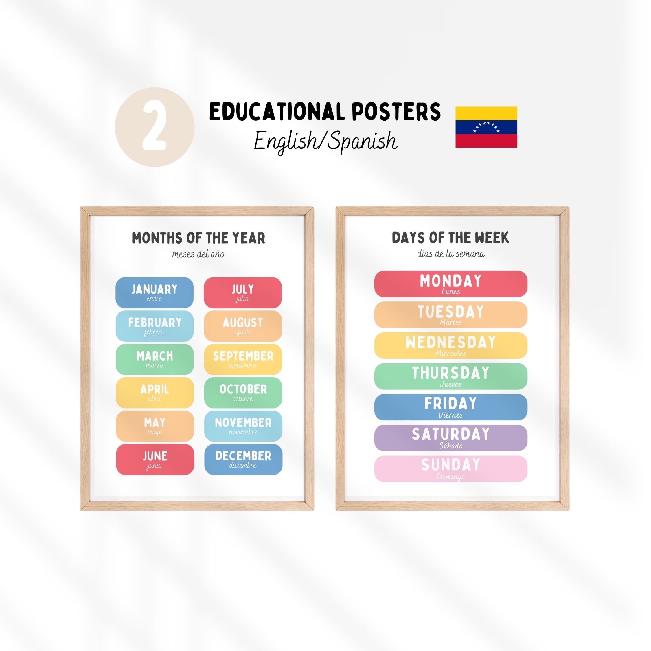 Set of 2 Bilingual English/spanish Posters Days of the Week and Months ...