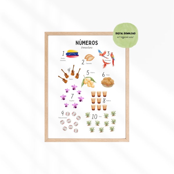 Venezuelan Numbers Poster, Educational Printable Posters Watercolor, Spanish Posters for Kids, Spanish Educational Posters