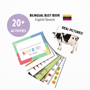 Peuter druk boek, tweetalig Spaans druk boek, leermap Engels en Spaans activiteitenboek met echte foto's afdrukbaar