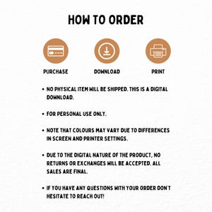 May include: White background with the text "HOW TO ORDER" at the top. Below are three icons: a credit card, a download arrow, and a printer. Text below the icons explains the digital download process, personal use, color variations, and final sales.