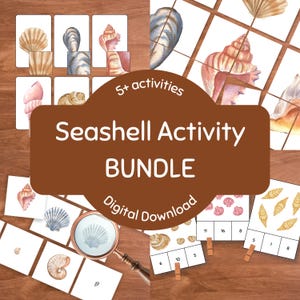 Könnte beinhalten: Ein digitales Muschel-Aktivitätenpaket mit Aquarellillustrationen verschiedener Muscheln auf weißen Karten. Das Set enthält Zuordnungsspiele, Zählübungen mit Zahlen und eine Lupe, die als druckbare Sammlung zusammengestellt sind.