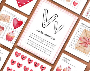 May include: A collection of Valentine's Day themed educational printables. The pages feature hearts, cupcakes, and envelopes. One page has the text "V is for Valentine" with tracing lines. Other pages include puzzles and sorting activities.