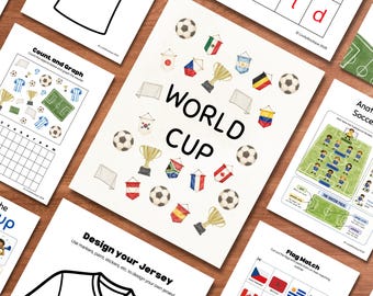 May include: A collection of educational activity sheets featuring football-themed illustrations, including a central page with the text WORLD CUP surrounded by various national flags, footballs, and trophies, alongside pages for counting, graphing, and jersey design.