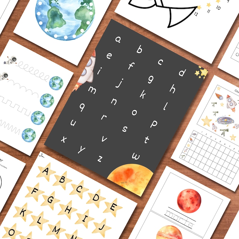 May include: Educational printables with space-themed illustrations. Includes pages with the alphabet, planets, counting exercises, and tracing activities. The colour palette includes blues, oranges, and yellows, with a wooden background.