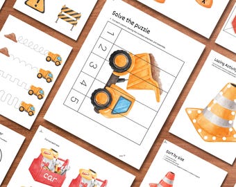 May include: A set of children's educational printables with a construction theme. The pages include a puzzle, tracing exercises, and sorting activities. The illustrations are in watercolour, with a colour scheme of orange, yellow, red, and brown.