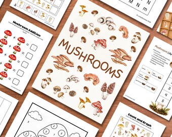 May include: A collection of educational activity sheets featuring mushroom-themed illustrations. The central page displays various watercolour-style mushrooms with the text MUSHROOMS, surrounded by worksheets for addition, counting, and life cycles.