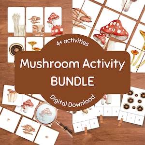 Mushroom Activity BUNDLE Preschool Homeschool, Count and Clip, Pattern Match, Magnifying Glass Match, 4-Piece Puzzles, Printable Activities