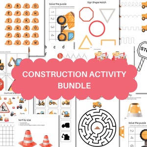 Construction Truck Preschool Bundle, Construction Morning Basket Printable Activities, Educational Printable Worksheets Pack