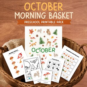 May include: A selection of preschool activity sheets in a wicker basket. The pack features autumn-themed illustrations of animals, leaves, and mushrooms. The title "October Morning Basket" is displayed at the top.