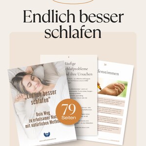 Könnte beinhalten: Ein E-Book-Cover mit dem Titel "Endlich besser schlafen" in großen, fetten Buchstaben. Das Cover zeigt eine friedlich schlafende Frau mit dem Text "Dein Weg zu erholsamer Nacht mit natürlichen Methoden". Ein kreisförmiges Abzeichen zeigt 79 Seiten an.