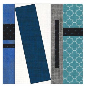 Peut inclure: Composition géométrique abstraite avec différents motifs de tissu. Le design comprend un grand rectangle bleu marine incliné, des sections bleues, noires avec des éclats d'étoiles blancs, grises, blanches et des motifs de trèfles à quatre feuilles turquoise. Style patchwork.