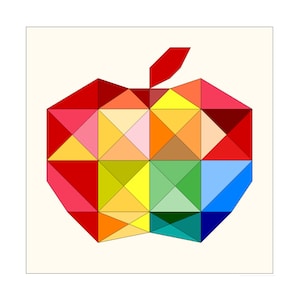 Puede incluir: Una manzana roja con una hoja verde, compuesta por muchos triángulos de colores.