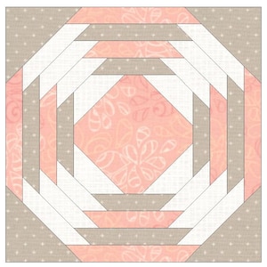 May include: A quilt block with a log cabin pattern in shades of pink and gray. The center of the block is a pink diamond with a white floral pattern. The block is surrounded by alternating layers of pink and gray fabric.