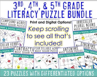 ENSEMBLE de puzzle d'alphabétisation de la 3e, de la 4e et de la 5e année du primaire - Centers Stations Review Practice Partner Work Activities Assessment Test Prep