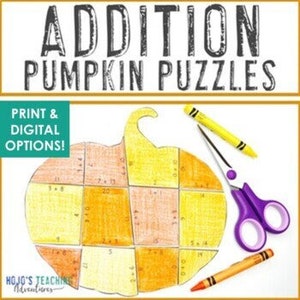May include: Printable pumpkin-shaped puzzle with addition problems. The puzzle is made up of 12 pieces and features orange, yellow, and brown colors. The puzzle is designed for children to practice their addition skills.