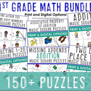 May include: A colorful image with the text "1st Grade Math Bundle" in blue letters. The image shows a collection of printable and digital math puzzles for first grade students. The puzzles include adding within 100, subtracting 1-20, missing addends addition, associative property of addition, two digit place value, and addition magic square puzzles. The image also includes the text "150+ Puzzles".