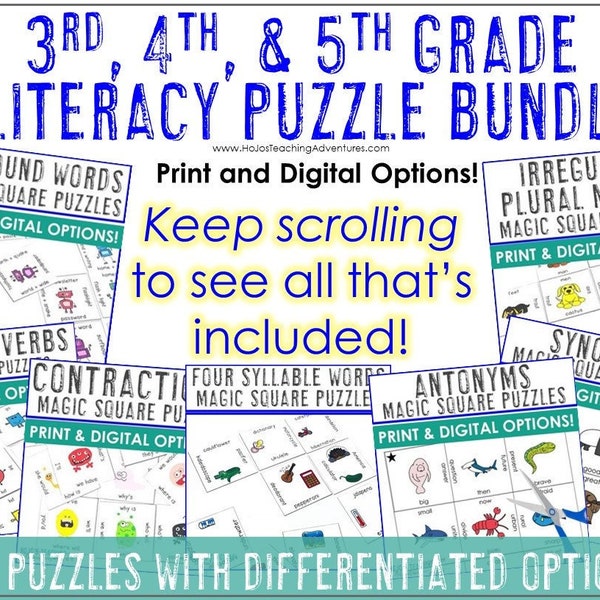 Upper Elementary 3rd 4th 5th Grade Literacy Puzzle BUNDLE - Centers Stations Review Practice Partner Work Activities Assessment Test Prep