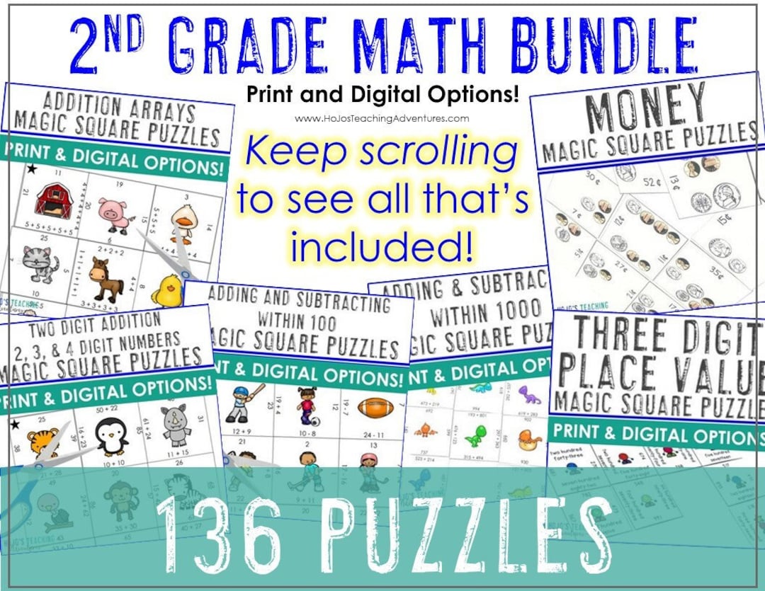 2nd Grade Math Puzzle BUNDLE - Centers, Stations, Practice, Partner ...