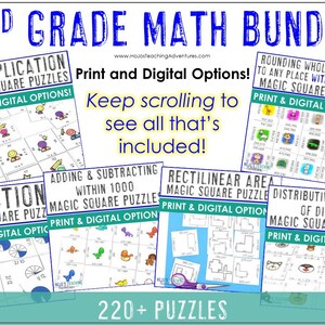 Op de afbeelding: Een kleurrijk beeld dat een bundel van meer dan 220 printbare en digitale wiskunde puzzels voor groep 3 promoot. De puzzels behandelen onderwerpen zoals vermenigvuldigen, afronden, breuken, optellen en aftrekken binnen 1000, rechthoekige oppervlakte en de distributieve eigenschap van deling.