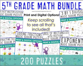 May include: A colorful image promoting a 5th grade math bundle with 200 magic square puzzles. The image features different types of puzzles, including 3-digit multiplication, adding fractions, area of rectangles with fractions, subtracting decimals, and exponents. The text "Print & Digital Options!" appears on each puzzle.