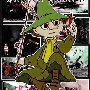 Puede incluir: Collage de arte digital con un personaje de dibujos animados con sombrero y abrigo verdes, sosteniendo un bastón y un objeto rojo. Se muestra el texto "A Friend of the Earth" e "Is a Friend of Mine". El fondo incluye imágenes de fuego y destrucción.