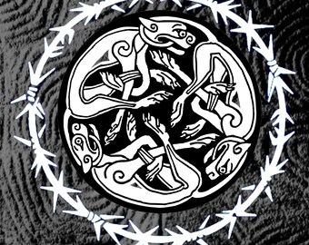 May include: Black and white graphic design with the text "AS ABOVE SO BELOW". The design features a circular emblem with intertwined figures, surrounded by a barbed wire-like border, set against a textured gray background.