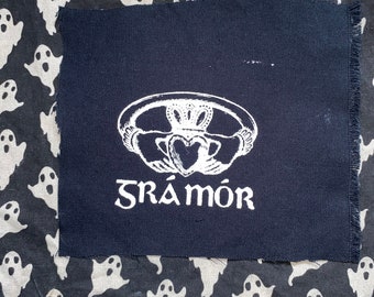 Grá mór DIY screen print patch on black canvas