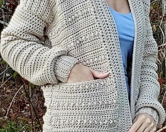 Crochet Pattern- Casey Cardigan with Pockets- instructions for sizes xs, s, m, l, xl, 2x, 3x, 4x, 5x