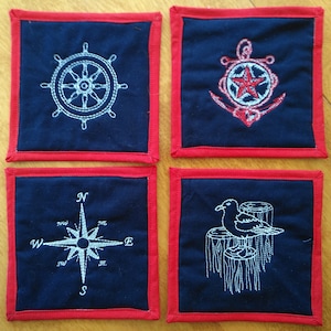 Coasters, Nautical Sailing Coasters, Seagull, Anchor, Embroidered Coasters - Handmade - Set of Four - Cotton Batting in Middle