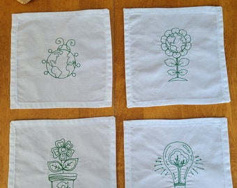 Embroidered Cocktail Napkins, Cotton Napkins, Reduce, Reuse, Recycle, Ladybug, Light bulb, Flower, Cocktail Napkins - 2 sets available