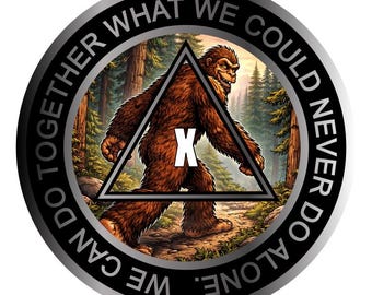 Bigfoot AA Recovery Medallion 38mm – Alcoholics Anonymous Sobriety Coin – Custom Color Clean Time Chip