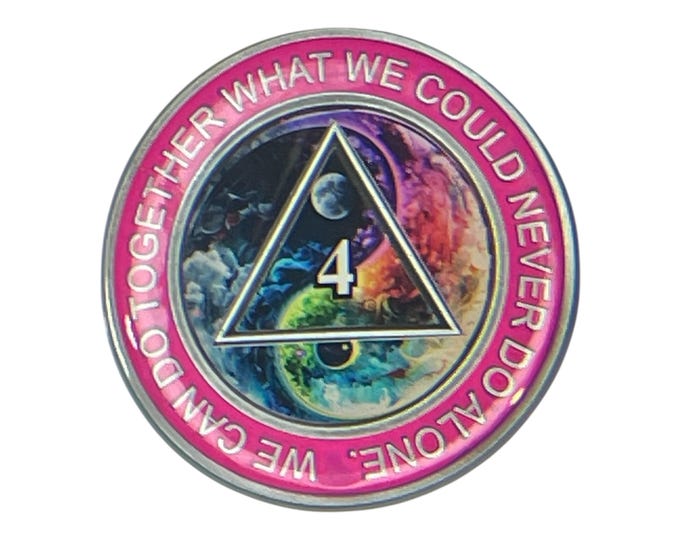 Customizable AA Sobriety Medallion: Universe Yin Yang Design, Serenity Prayer