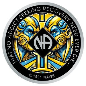 May include: A round, silver-edged emblem with the text "THAT NO ADDICT SEEKING RECOVERY NEED EVER DIE..." encircling a central design. The design features two stylized faces in yellow and blue, with the letters "NA" in a black diamond. The bottom reads "© 1991 NAWS".
