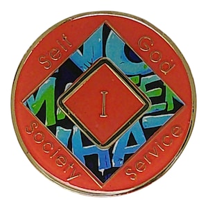 Back view of the bronze-toned recovery medallion featuring the words Self, God, Society, and Service around a central red diamond with the Roman numeral I.