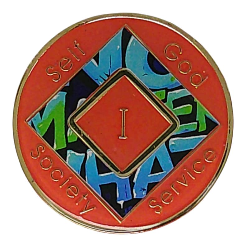 Back view of the bronze-toned recovery medallion featuring the words Self, God, Society, and Service around a central red diamond with the Roman numeral I.