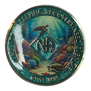 NA Ocean Turtle Recovery Medallion – Custom Clean Time & Color – Handmade Narcotics Anonymous Chip – Resin Sealed Sobriety Token